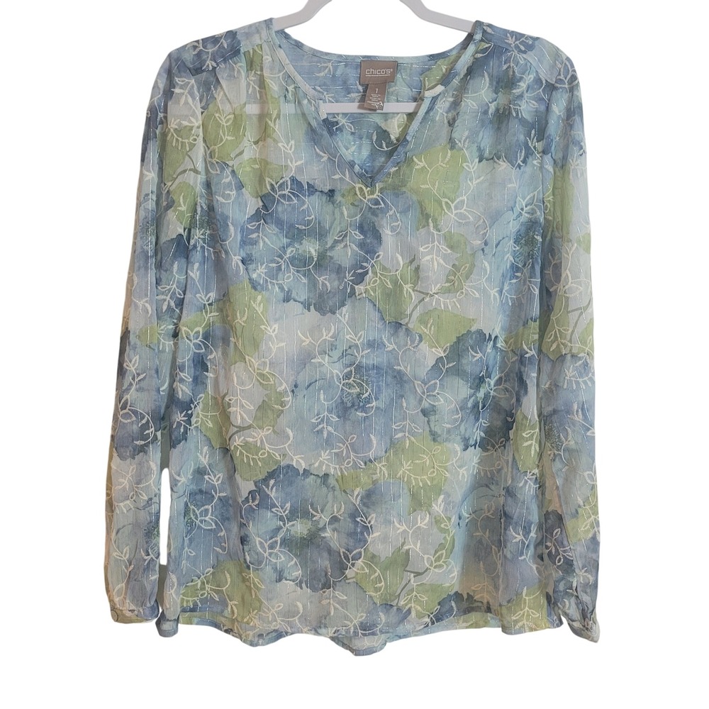 Chicos‎ Blue Green Floral Sheer Embroidered Metallic Stripe V-Neck Blouse Medium